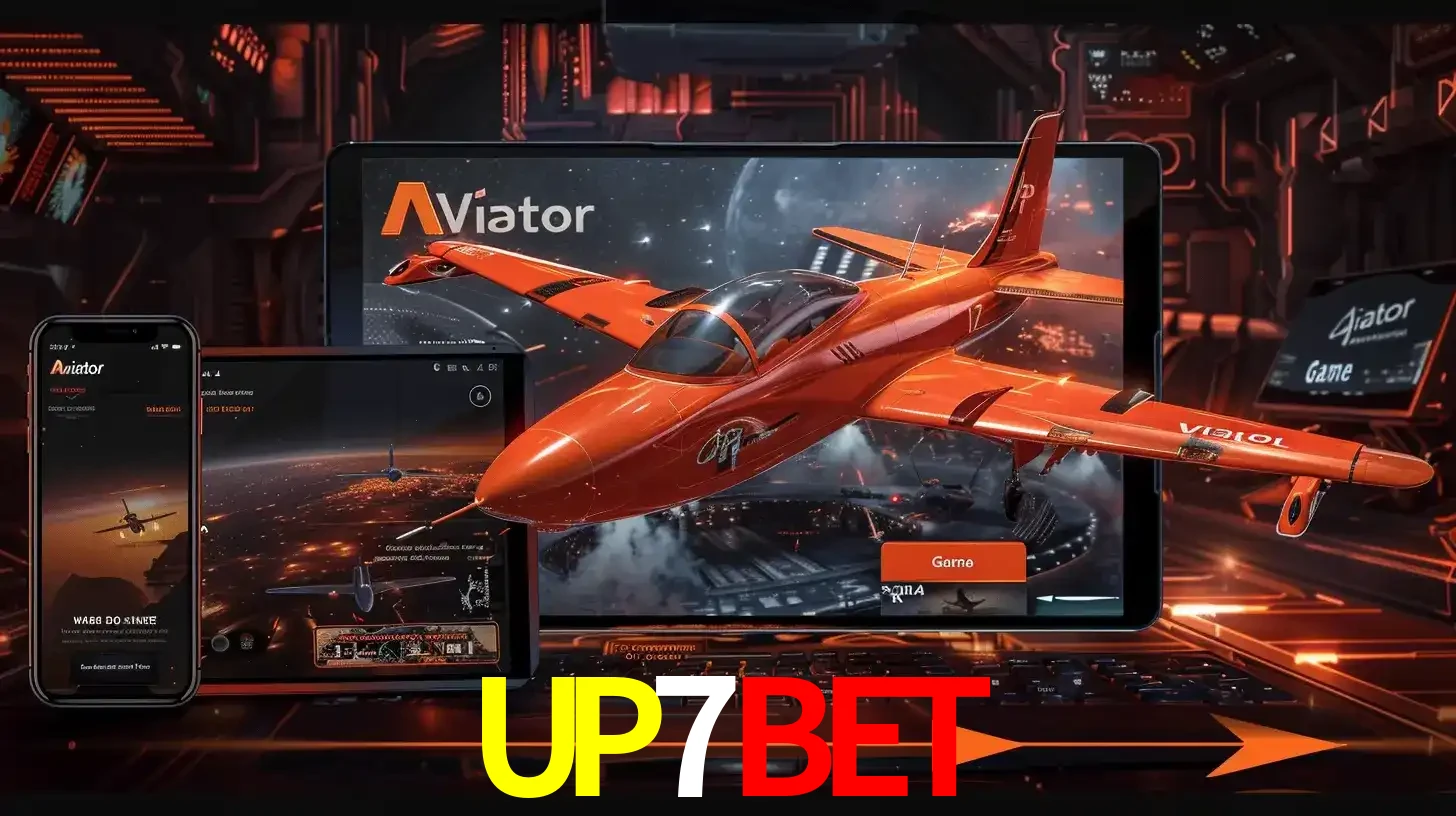 Apresentação tecnológica do jogo Aviator com um avião saindo da tela de um tablet, demonstrando a experiência imersiva em múltiplos dispositivos no UP7BET.