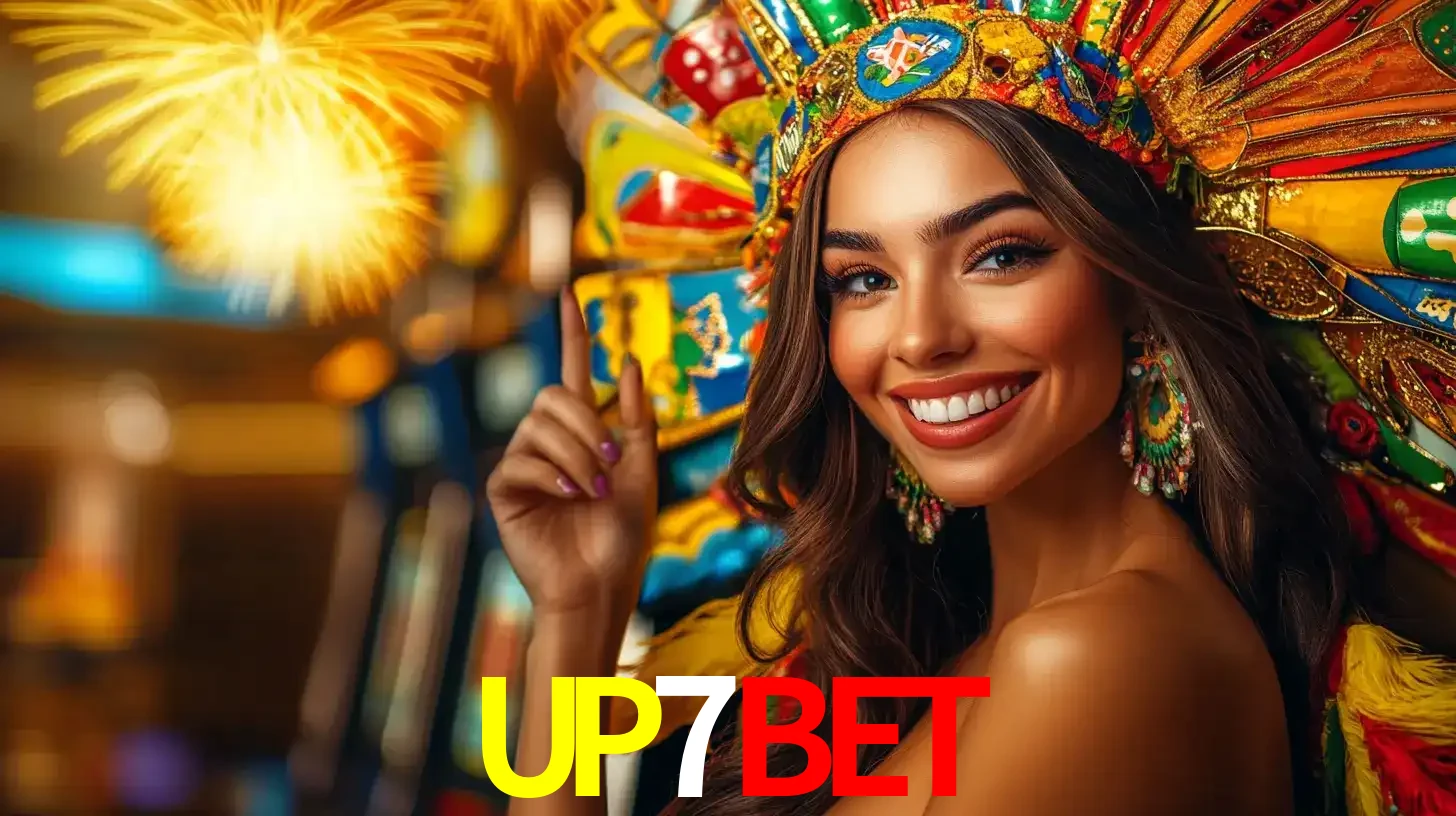 Mulher sorridente com um cocar de carnaval vibrante e colorido, celebrando uma grande vitória nos jogos do cassino UP7BET com fogos de artifício ao fundo.