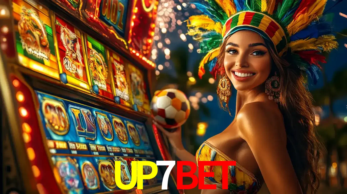 Mulher com um cocar de carnaval ao lado de uma máquina de caça-níqueis enquanto segura uma bola de futebol, mostrando a união da diversão de cassino e esportes no UP7BET.