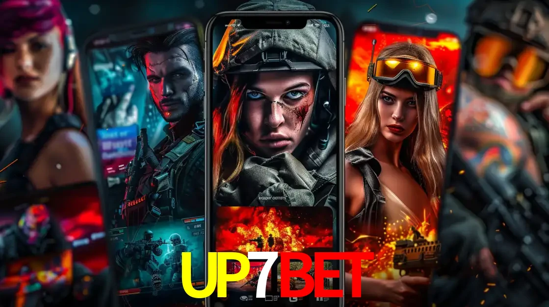 Montagem de telas de celular mostrando diversos personagens, masculinos e femininos, de um jogo de tiro, ilustrando a diversidade de equipes de e-sports para apostar no UP7BET.
