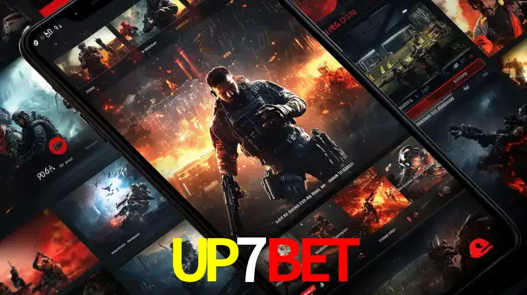 Tela de um celular exibindo uma galeria de jogos de tiro com temática militar, mostrando a variedade de e-sports disponíveis para apostas na plataforma de entretenimento UP7BET.