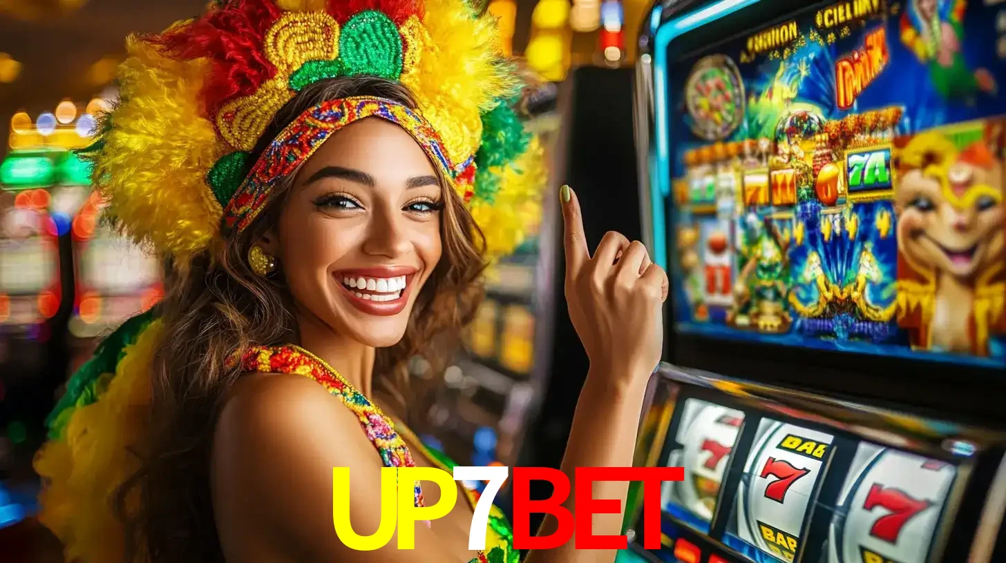 Mulher animada com um cocar de carnaval apontando para uma máquina de caça-níqueis, mostrando a emoção de ganhar um grande prêmio nos jogos do UP7BET.