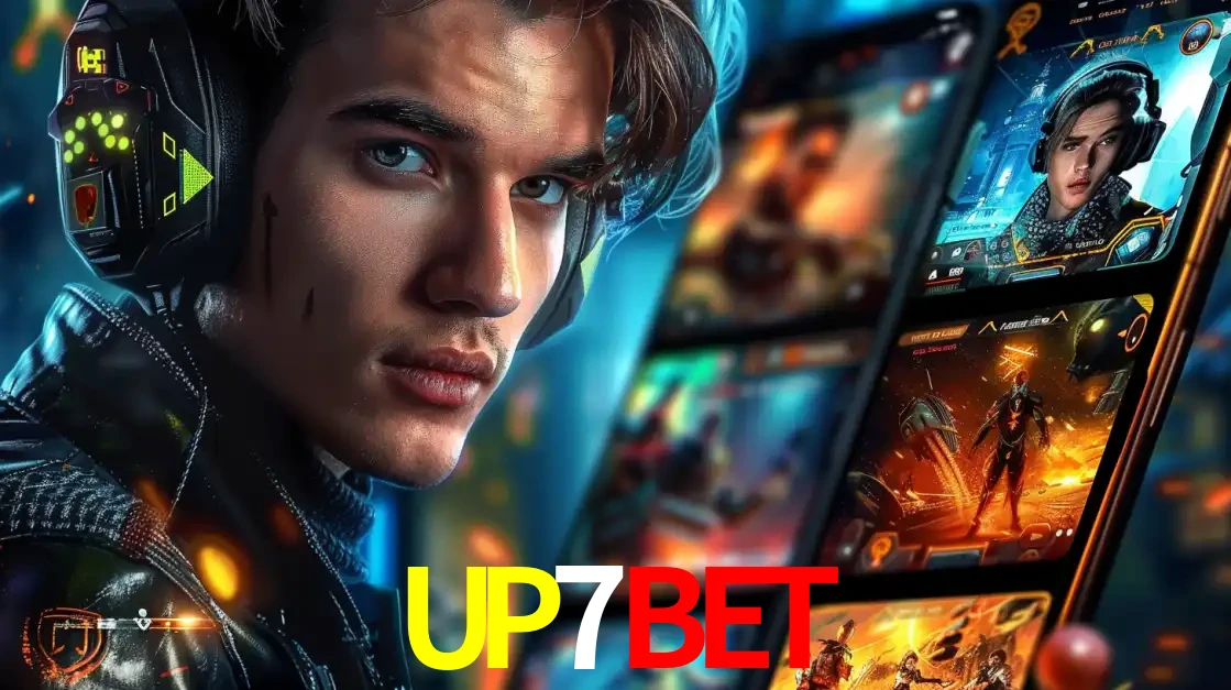 Jovem jogador com fones de ouvido olhando para a câmera, com um aplicativo de jogos e e-sports para celular ao fundo, pronto para a competição e apostas no UP7BET.