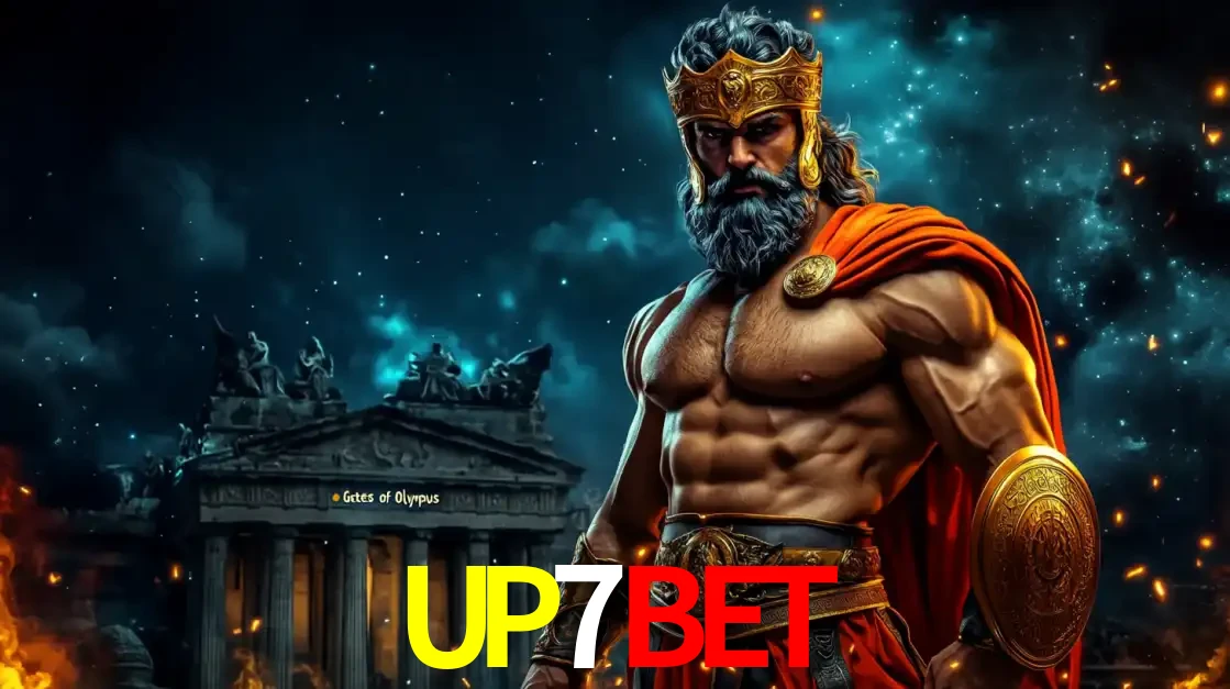 O poderoso Zeus do jogo de slot Gates of Olympus em frente ao seu templo, pronto para lançar multiplicadores divinos e prêmios épicos no cassino online UP7BET.