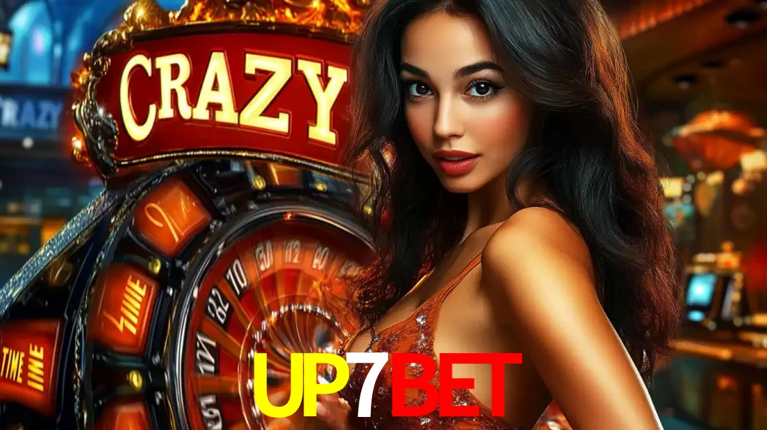 Mulher glamourosa olhando para a câmera com a roda vermelha do Crazy Time ao fundo em um ambiente de cassino, destacando a emoção dos jogos ao vivo no UP7BET.