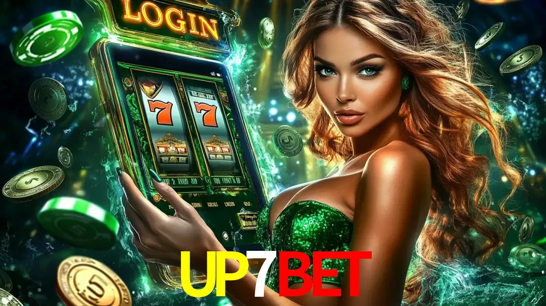 Mulher com tema verde apresentando o aplicativo do cassino UP7BET com um jogo de slot de 777, cercada por fichas de cassino e uma aura de sorte.