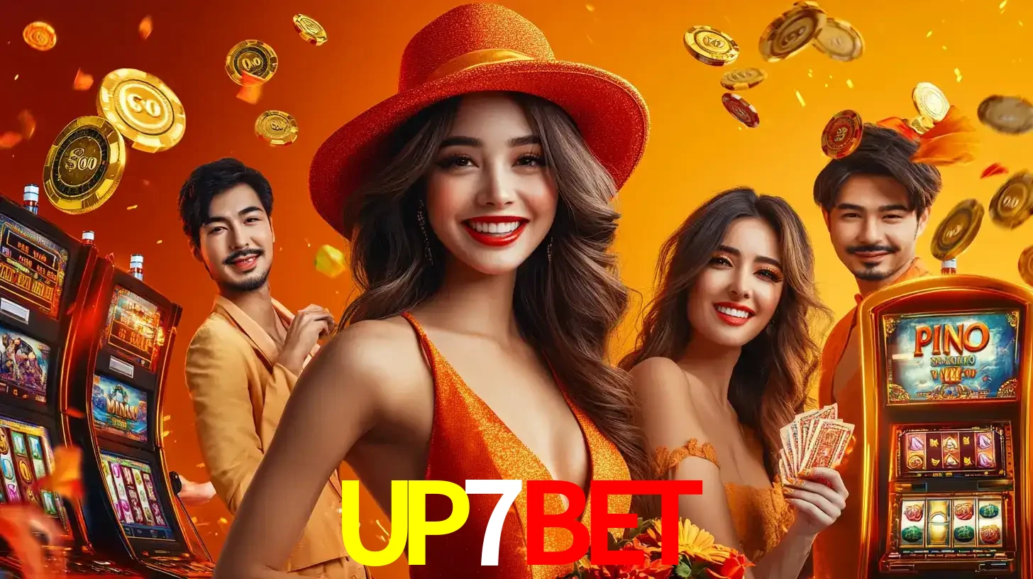 Grupo de amigos asiáticos sorrindo e se divertindo com máquinas de caça-níqueis em um ambiente festivo, celebrando suas vitórias nos jogos de cassino do UP7BET.