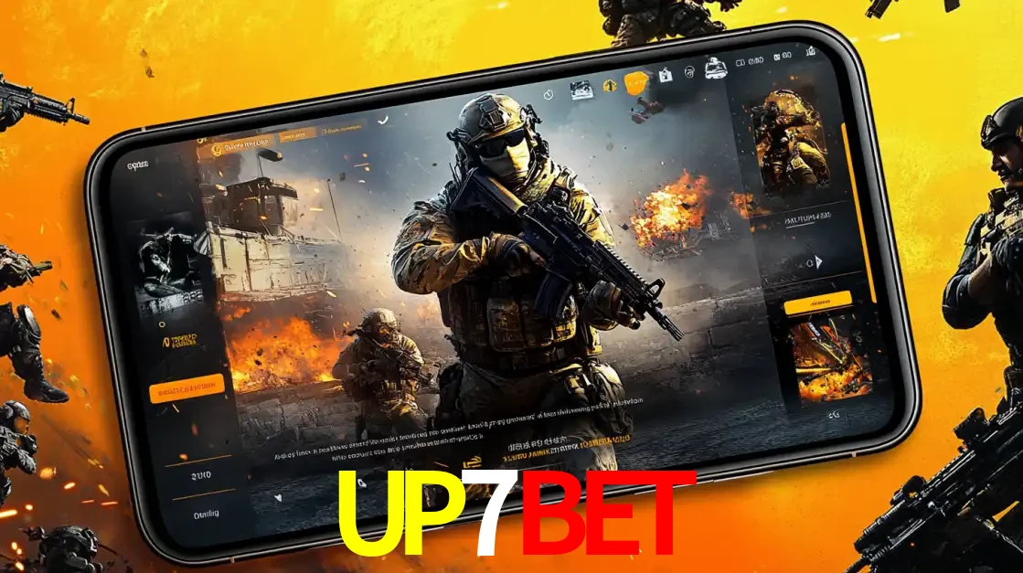 Um smartphone exibindo a interface de um jogo de tiro em primeira pessoa, com um soldado em um cenário de batalha, representando a ação dos e-sports para apostar no UP7BET.