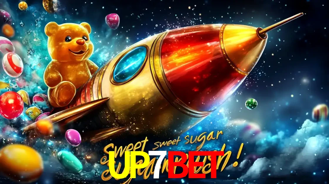 Arte promocional do jogo de slot Sugar Rush, com um urso de pelúcia em um foguete viajando pelo espaço de doces, um dos jogos divertidos disponíveis no cassino UP7BET.