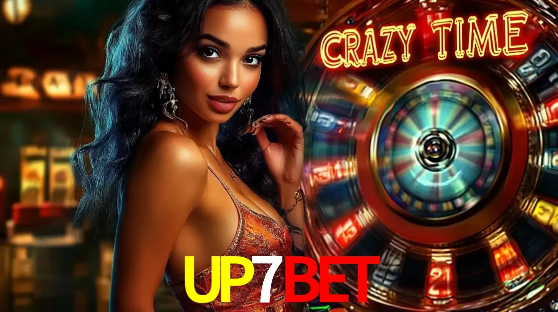 Mulher elegante ao lado da vibrante roda da fortuna do jogo de cassino ao vivo Crazy Time, um dos game shows mais populares e cheios de prêmios do UP7BET.