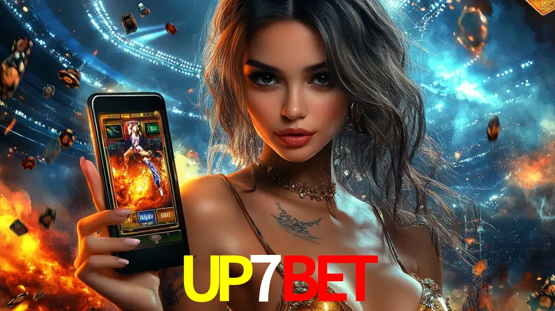 Mulher segurando um celular com um jogo de slot em destaque, tendo como fundo um estádio vibrante, simbolizando a emoção de jogar no cassino móvel UP7BET.