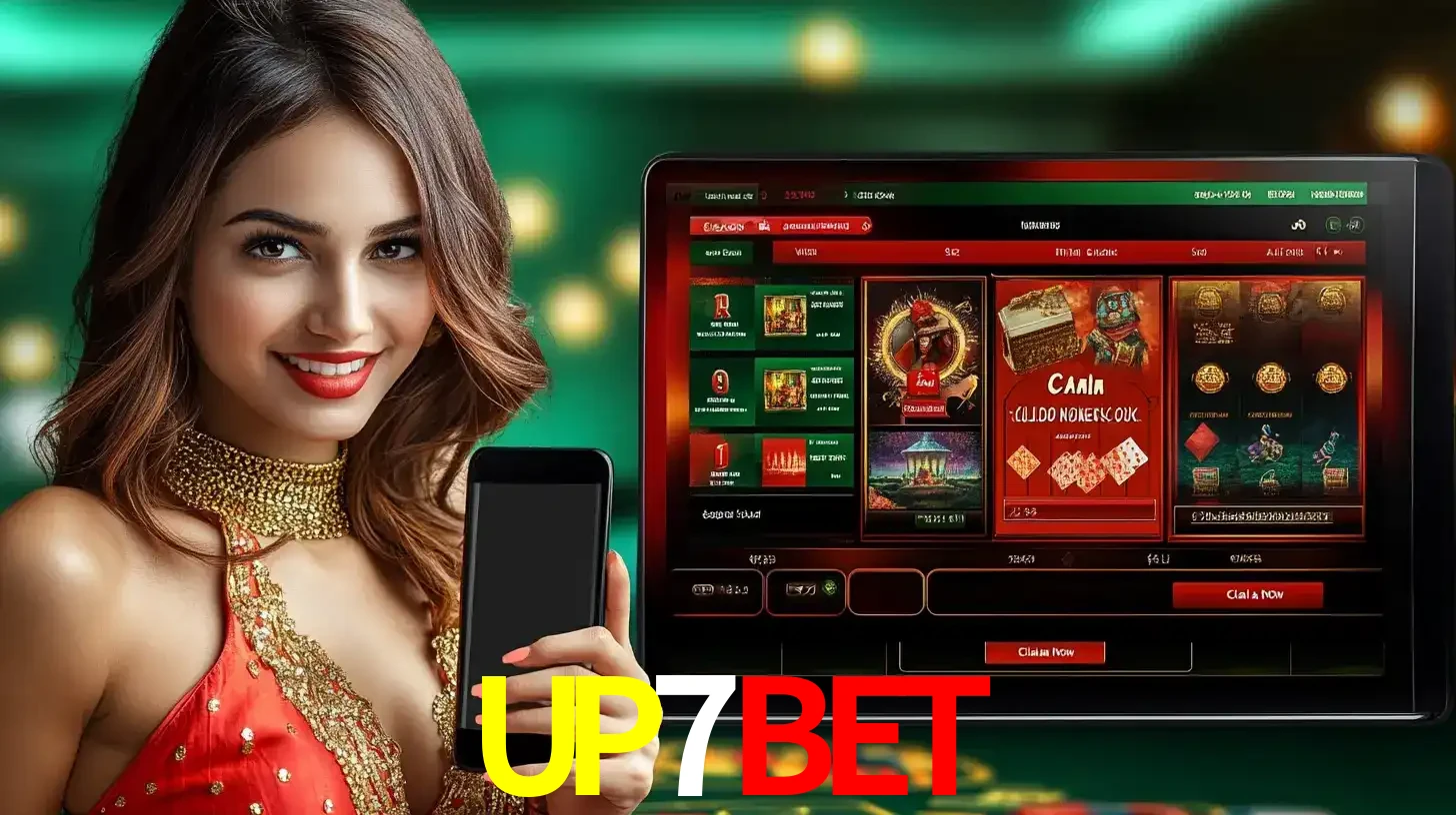 Mulher sorridente segurando um smartphone, ao lado de uma tela exibindo o lobby de jogos do cassino online UP7BET, com várias opções de jogos de cartas e slots.